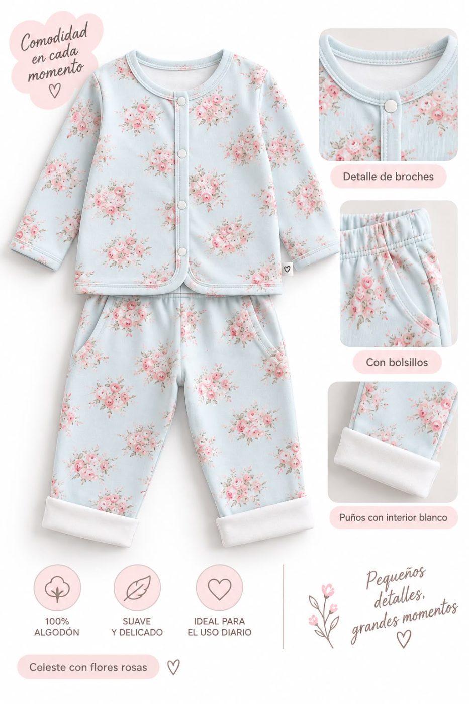 Conjunto doble algodón flores celeste