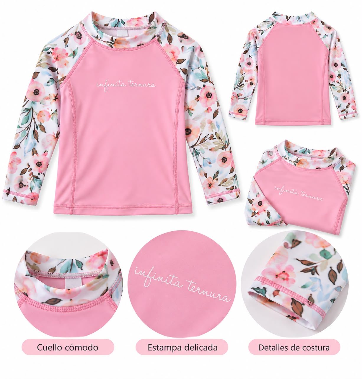 Remera UV lisa con mangas floreadas