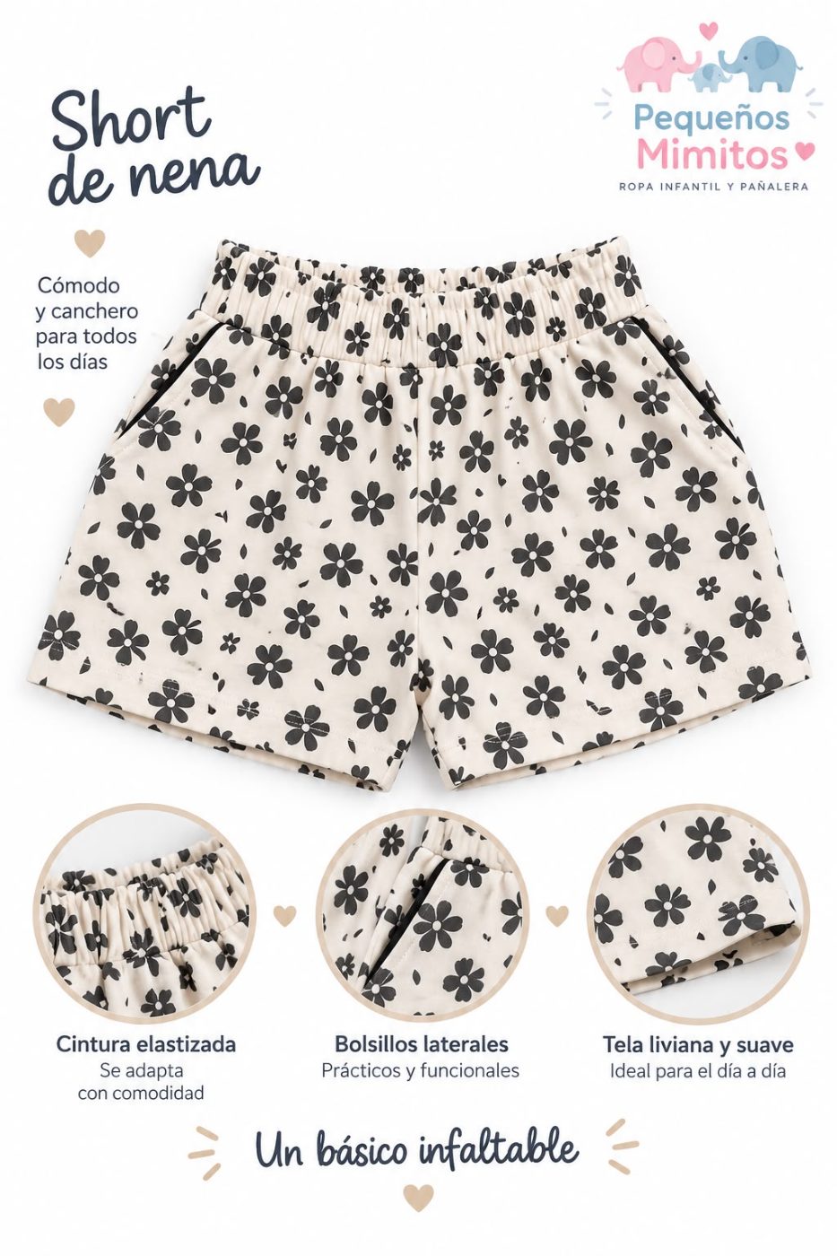 Short de algodón natural florcitas negras
