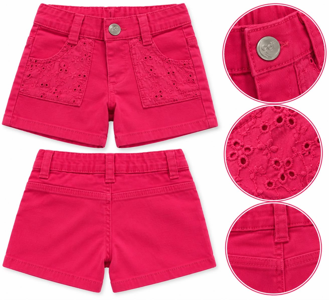 short de jean rojo con bolsillos en broderie