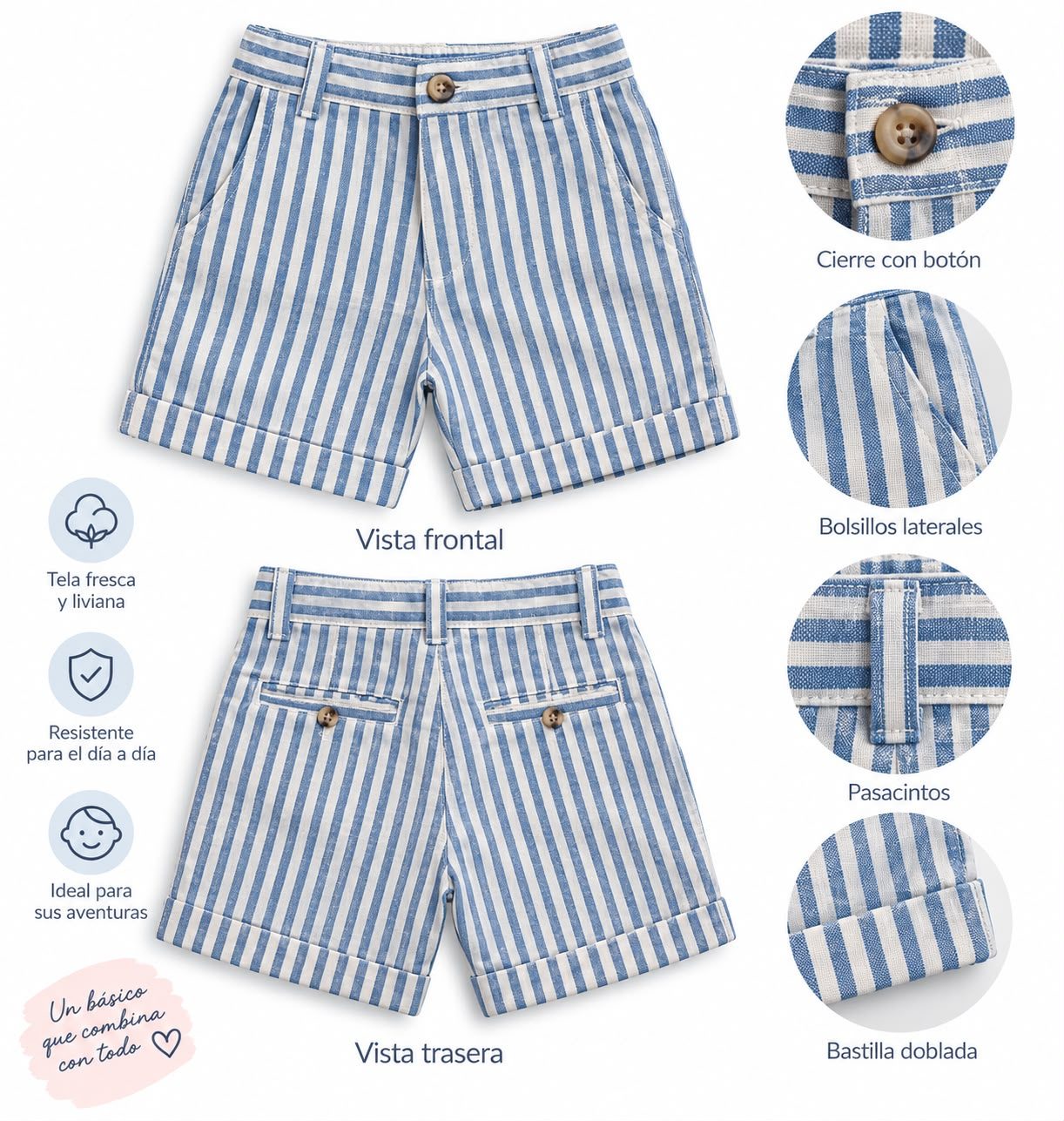 Short de lino azul a rayas