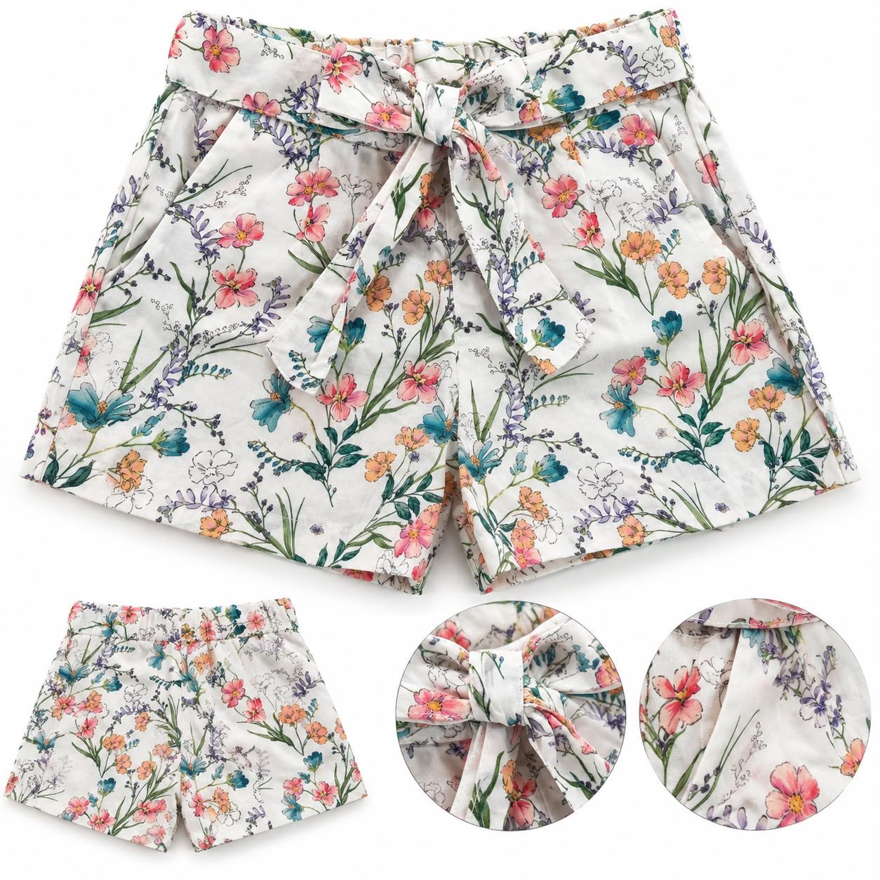 Short de tela camisera con lazo floreado