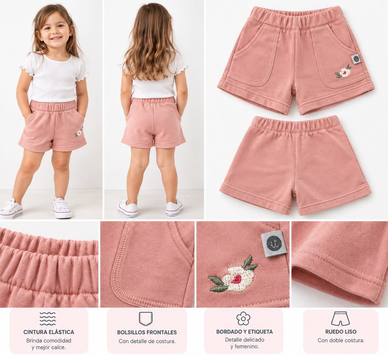 Short Rosa con bolsillo bordado